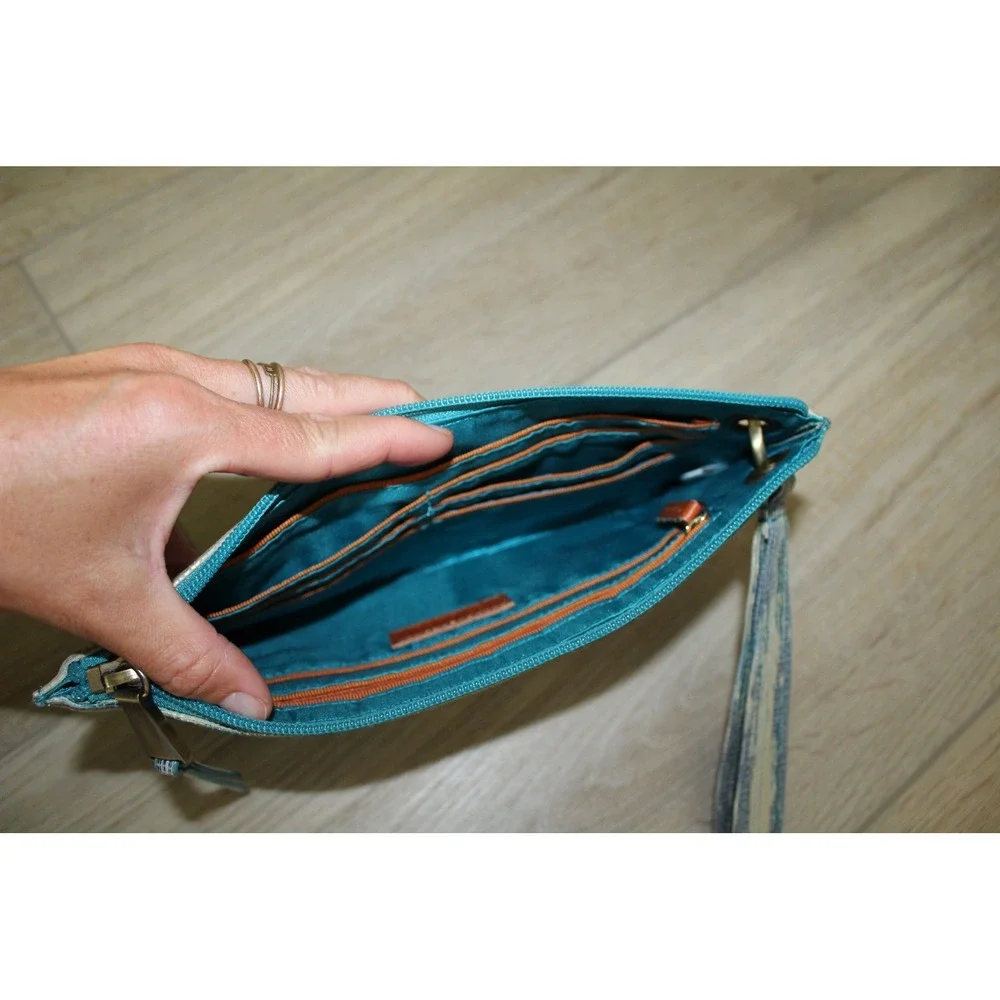 Hobo Teal Gold Cracked Glass Metallic Leather Vida Wristlet Clutch Wallet Zip